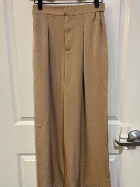 Wide Leg Neutral Satin-Look Trousers